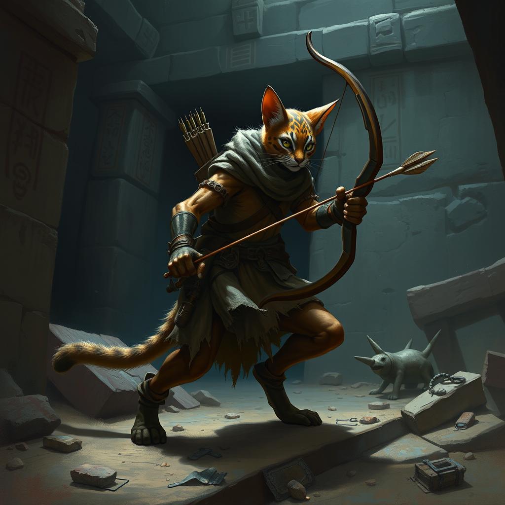 A cunning Tabaxi scout, depicted as a sleek feline humanoid with agile features, stealthily explores the shadowy depths of an ancient pyramid