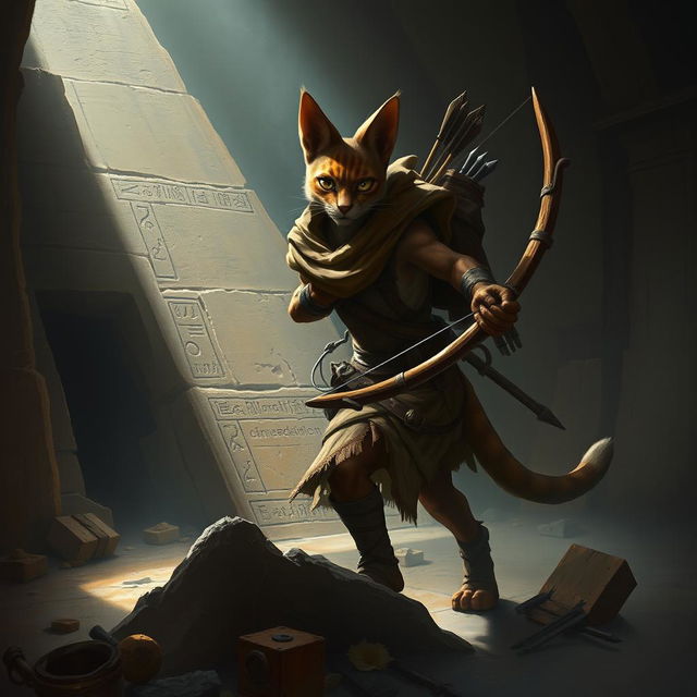 A cunning Tabaxi scout, depicted as a sleek feline humanoid with agile features, stealthily explores the shadowy depths of an ancient pyramid