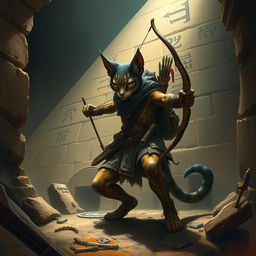 A cunning Tabaxi scout, depicted as a sleek feline humanoid with agile features, stealthily explores the shadowy depths of an ancient pyramid