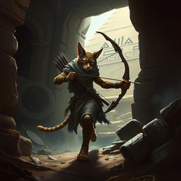 A cunning Tabaxi scout, depicted as a sleek feline humanoid with agile features, stealthily explores the shadowy depths of an ancient pyramid