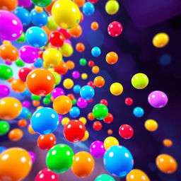 An engaging and visually appealing video game scene featuring an array of colorful spheres in dynamic motion