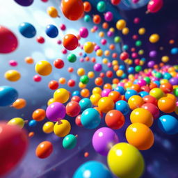 An engaging and visually appealing video game scene featuring an array of colorful spheres in dynamic motion