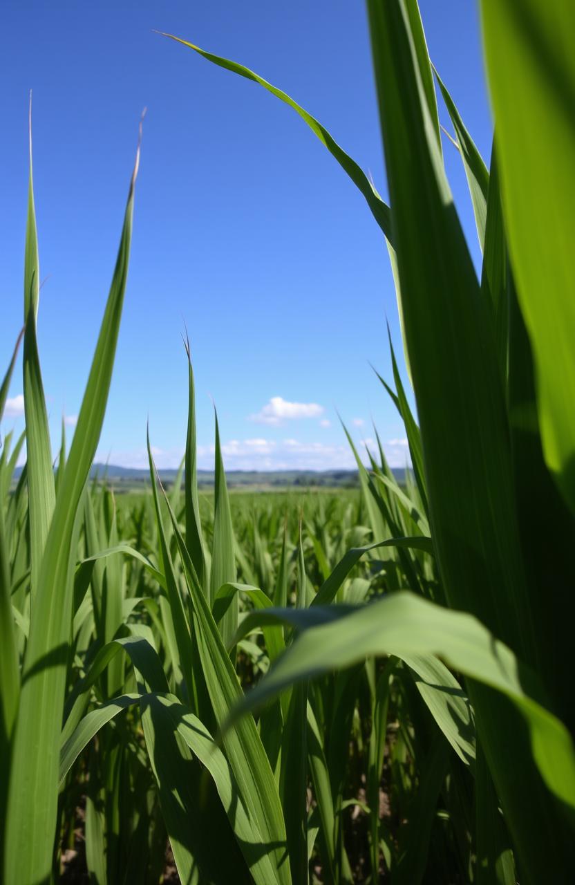 A close-up view of a lush green sugarcane field under a bright blue sky, with tall stalks of sugarcane swaying gently in a light breeze