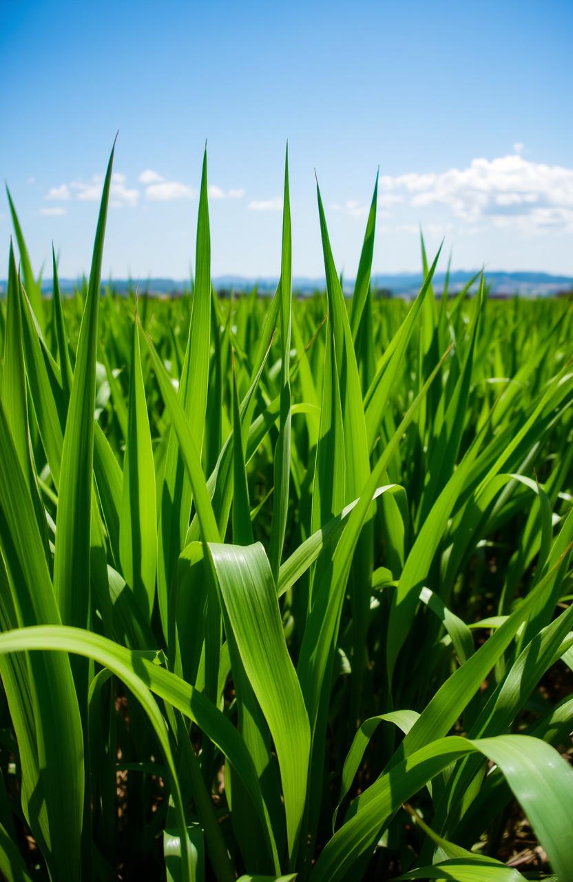 A close-up view of a lush green sugarcane field under a bright blue sky, with tall stalks of sugarcane swaying gently in a light breeze