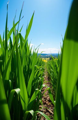 A close-up view of a lush green sugarcane field under a bright blue sky, with tall stalks of sugarcane swaying gently in a light breeze