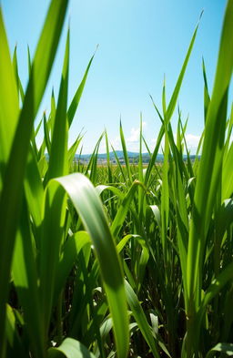 A close-up view of a lush green sugarcane field under a bright blue sky, with tall stalks of sugarcane swaying gently in a light breeze