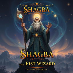 A striking fantasy book cover for 'Shagba, the First Wizard' from the Witchcraft series, featuring an ancient wizard with a majestic beard and intricate tattoos glowing on his arms, standing tall atop a rocky peak overlooking a mystical forest