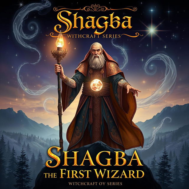 A striking fantasy book cover for 'Shagba, the First Wizard' from the Witchcraft series, featuring an ancient wizard with a majestic beard and intricate tattoos glowing on his arms, standing tall atop a rocky peak overlooking a mystical forest