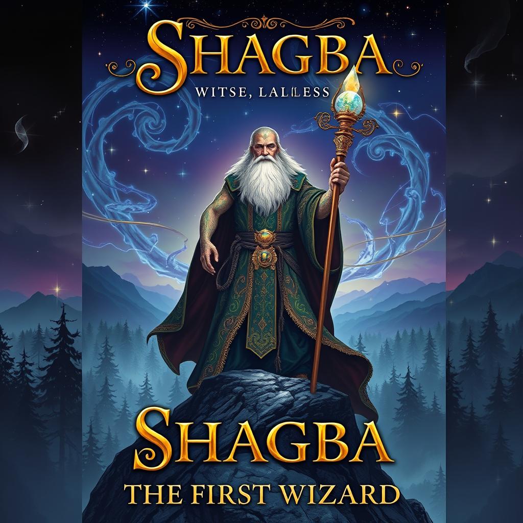 A striking fantasy book cover for 'Shagba, the First Wizard' from the Witchcraft series, featuring an ancient wizard with a majestic beard and intricate tattoos glowing on his arms, standing tall atop a rocky peak overlooking a mystical forest