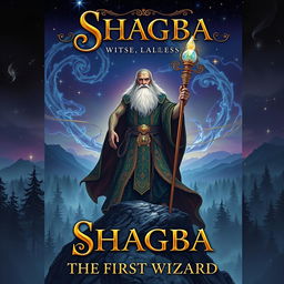 A striking fantasy book cover for 'Shagba, the First Wizard' from the Witchcraft series, featuring an ancient wizard with a majestic beard and intricate tattoos glowing on his arms, standing tall atop a rocky peak overlooking a mystical forest