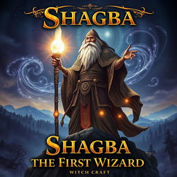 A striking fantasy book cover for 'Shagba, the First Wizard' from the Witchcraft series, featuring an ancient wizard with a majestic beard and intricate tattoos glowing on his arms, standing tall atop a rocky peak overlooking a mystical forest