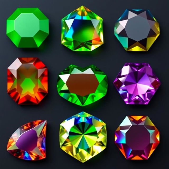 A captivating display of nine brightly colored, glossy gems arranged in a grid format on a deep dark background