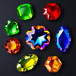 A captivating display of nine brightly colored, glossy gems arranged in a grid format on a deep dark background