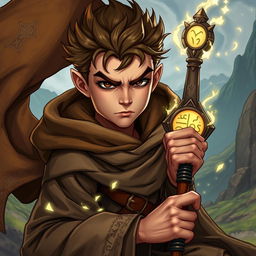 A powerful illustration of Shagba, a young wizard, showcasing his strong facial features and piercing brown eyes, giving him a determined and intense expression