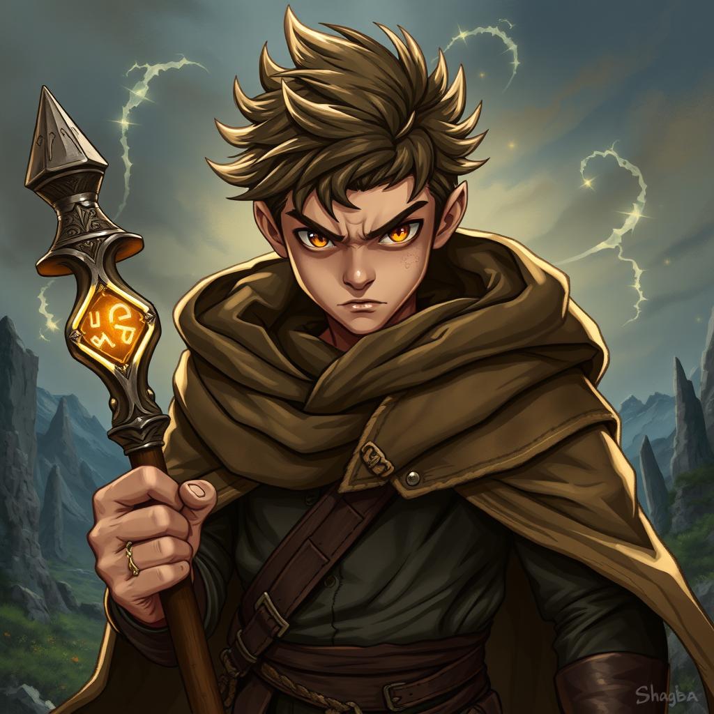 A powerful illustration of Shagba, a young wizard, showcasing his strong facial features and piercing brown eyes, giving him a determined and intense expression