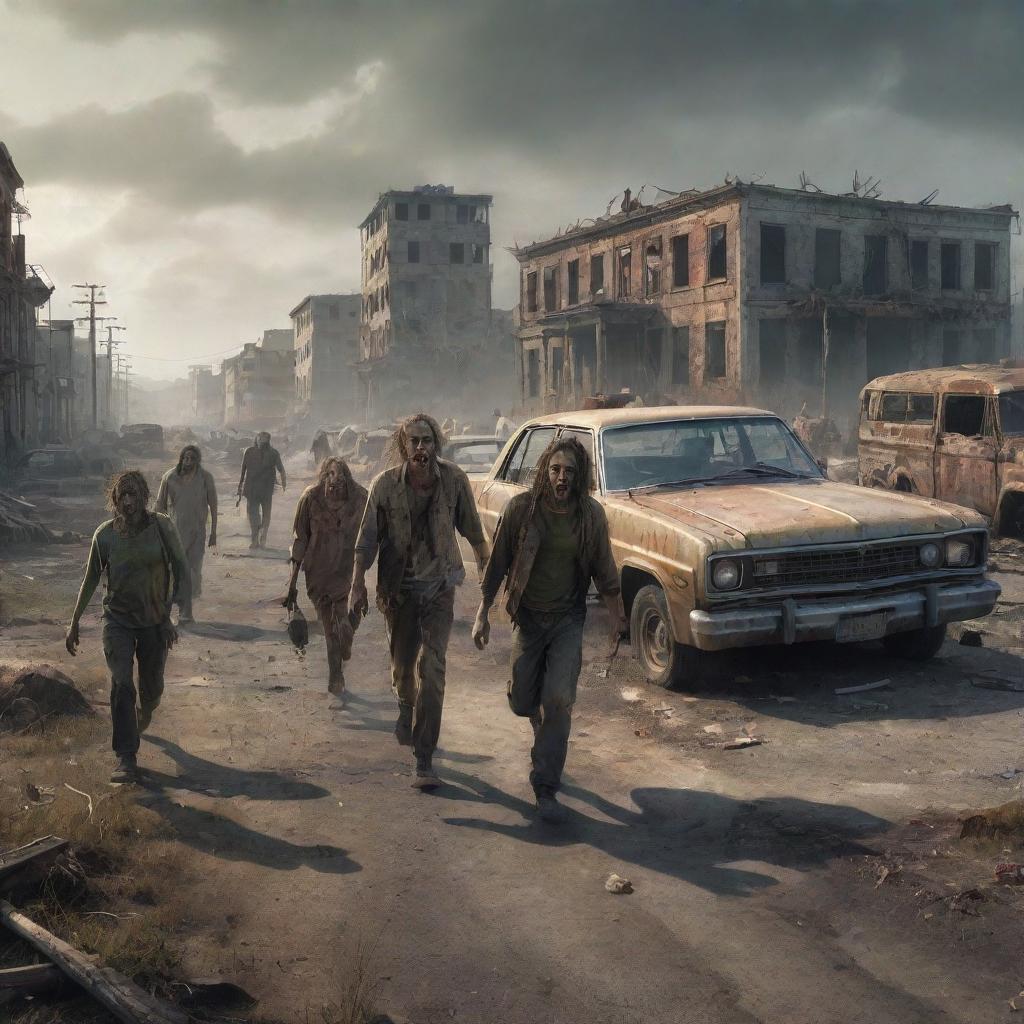 A gruesome illustration of a zombie apocalypse, featuring disheveled zombies wandering aimlessly in a desolate landscape with decrepit buildings and abandoned vehicles.