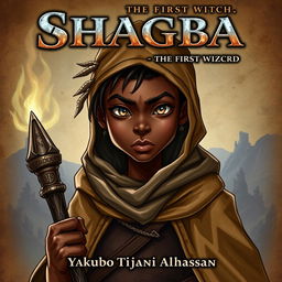 A powerful illustration of Shagba, a young African wizard, depicted with strong facial features and piercing brown or blue eyes