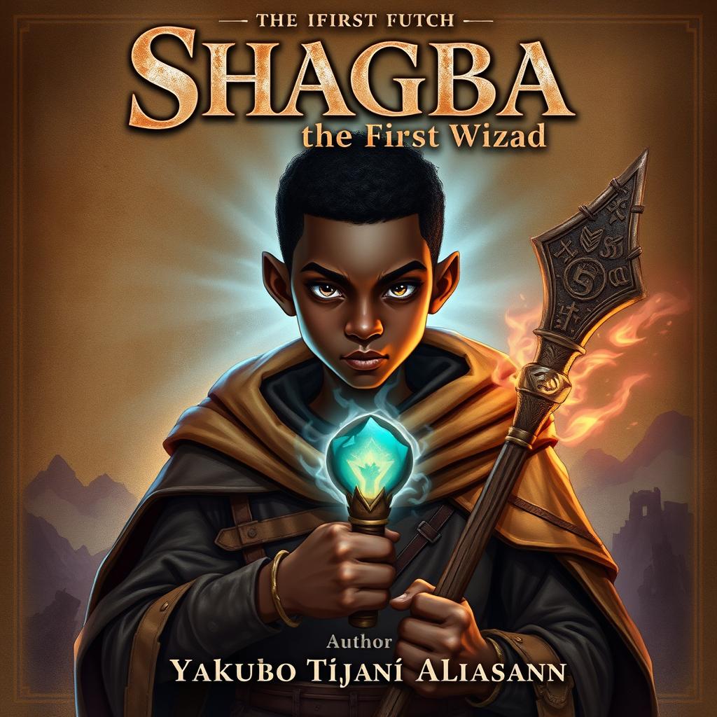 A powerful illustration of Shagba, a young African wizard, depicted with strong facial features and piercing brown or blue eyes