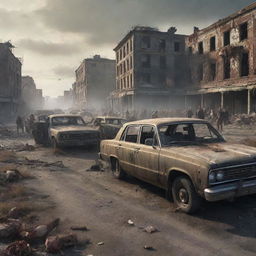 A gruesome illustration of a zombie apocalypse, featuring disheveled zombies wandering aimlessly in a desolate landscape with decrepit buildings and abandoned vehicles.