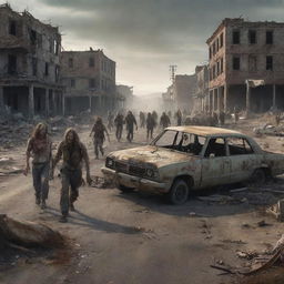 A gruesome illustration of a zombie apocalypse, featuring disheveled zombies wandering aimlessly in a desolate landscape with decrepit buildings and abandoned vehicles.