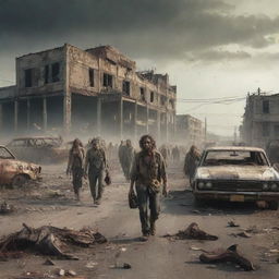 A gruesome illustration of a zombie apocalypse, featuring disheveled zombies wandering aimlessly in a desolate landscape with decrepit buildings and abandoned vehicles.