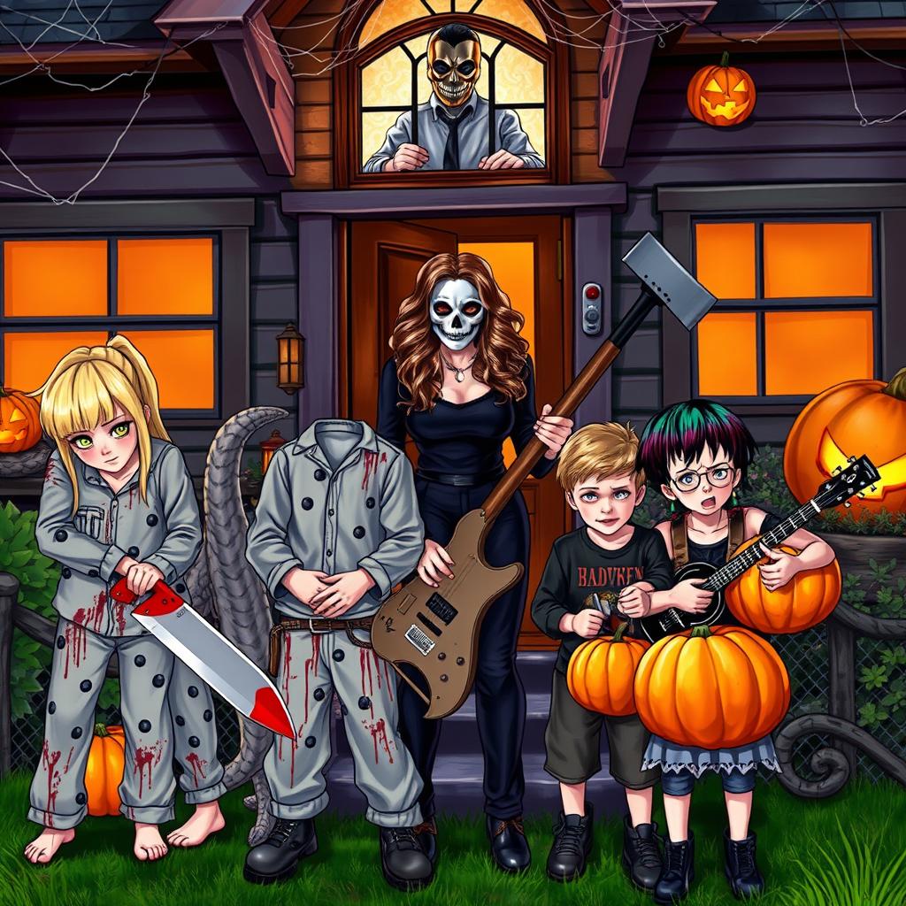 A vivid Halloween scene featuring a blonde girl with a Chanel-inspired fringe, wearing a blood-stained pajama and holding a large machete