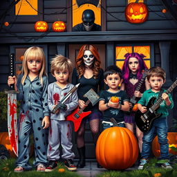 A vivid Halloween scene featuring a blonde girl with a Chanel-inspired fringe, wearing a blood-stained pajama and holding a large machete