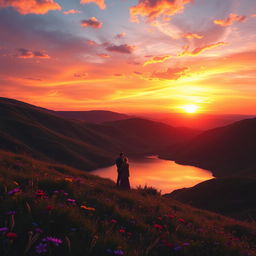 A dreamy landscape with a vibrant sunset illuminating rolling hills, dotted with wildflowers in shades of purple, yellow, and red