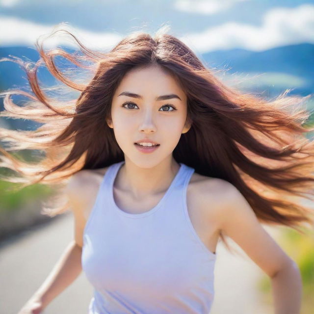 Anime-style girl with expressive eyes and flowing hair, running energetically against a vibrant, blurred scenic backdrop to suggesting motion