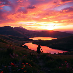 A dreamy landscape with a vibrant sunset illuminating rolling hills, dotted with wildflowers in shades of purple, yellow, and red