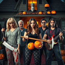 A hyper-realistic Halloween scene featuring a blonde woman with a Chanel-inspired fringe, wearing a blood-stained pajama and holding a large machete