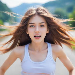 Anime-style girl with expressive eyes and flowing hair, running energetically against a vibrant, blurred scenic backdrop to suggesting motion