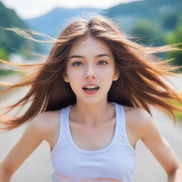 Anime-style girl with expressive eyes and flowing hair, running energetically against a vibrant, blurred scenic backdrop to suggesting motion