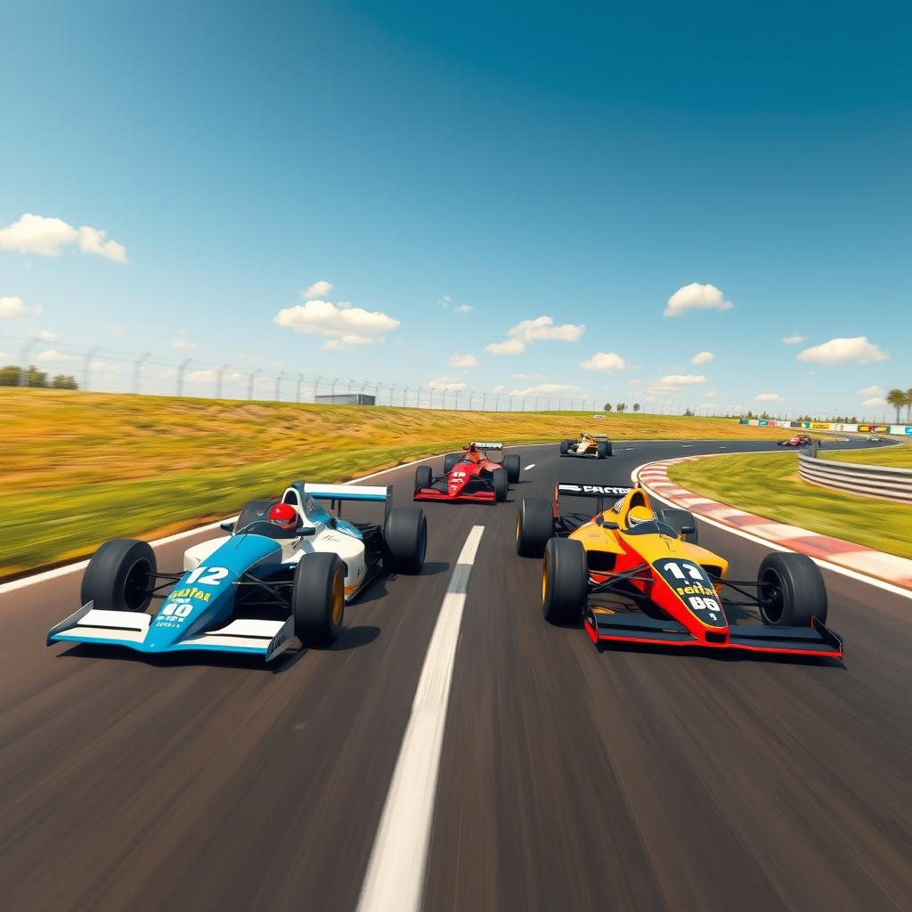 A thrilling racing scene featuring retro Formula 1 cars from the 1980s and 1990s, set on a smooth asphalt track