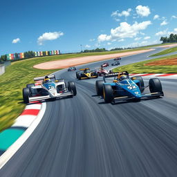 A thrilling racing scene featuring retro Formula 1 cars from the 1980s and 1990s, set on a smooth asphalt track