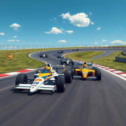 A thrilling racing scene featuring retro Formula 1 cars from the 1980s and 1990s, set on a smooth asphalt track