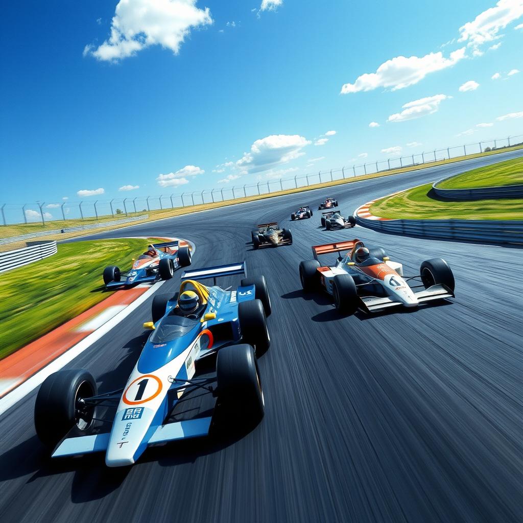 A thrilling racing scene featuring retro Formula 1 cars from the 1980s and 1990s, set on a smooth asphalt track