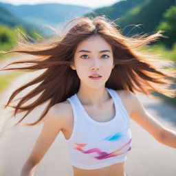 Anime-style girl with expressive eyes and flowing hair, running energetically against a vibrant, blurred scenic backdrop to suggesting motion