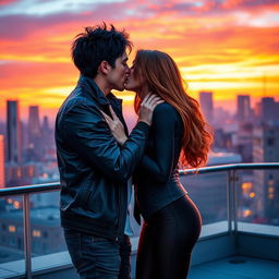 A romantic scene depicting Jason Todd and Rose Wilson sharing a passionate kiss in a city rooftop setting at twilight