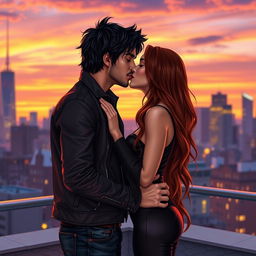 A romantic scene depicting Jason Todd and Rose Wilson sharing a passionate kiss in a city rooftop setting at twilight