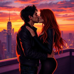 A romantic scene depicting Jason Todd and Rose Wilson sharing a passionate kiss in a city rooftop setting at twilight