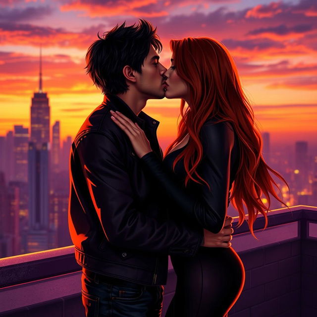 A romantic scene depicting Jason Todd and Rose Wilson sharing a passionate kiss in a city rooftop setting at twilight