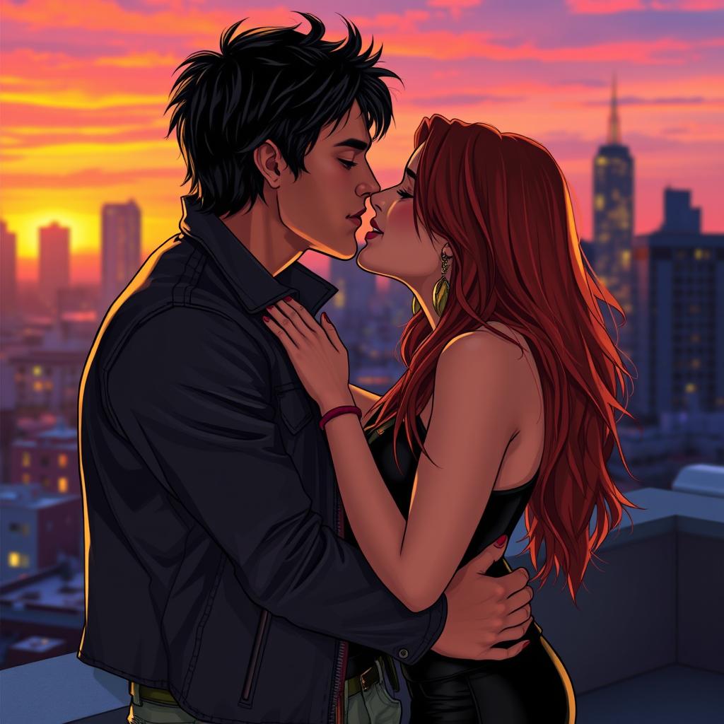 A romantic scene depicting Jason Todd and Rose Wilson sharing a passionate kiss in a city rooftop setting at twilight