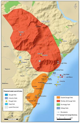 A detailed map showcasing potential water reservoir sites and suitable locations for water storage tanks in Kitui West Sub-County, Kenya