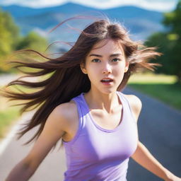 Anime-style girl with expressive eyes and flowing hair, running energetically against a vibrant, blurred scenic backdrop to suggesting motion