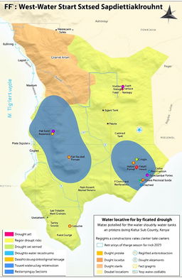 A detailed map showcasing potential water reservoir sites and suitable locations for water storage tanks in Kitui West Sub-County, Kenya