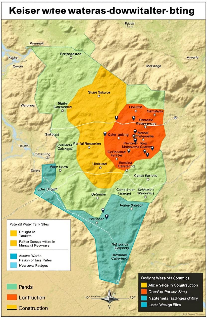 A detailed map showcasing potential water reservoir sites and suitable locations for water storage tanks in Kitui West Sub-County, Kenya