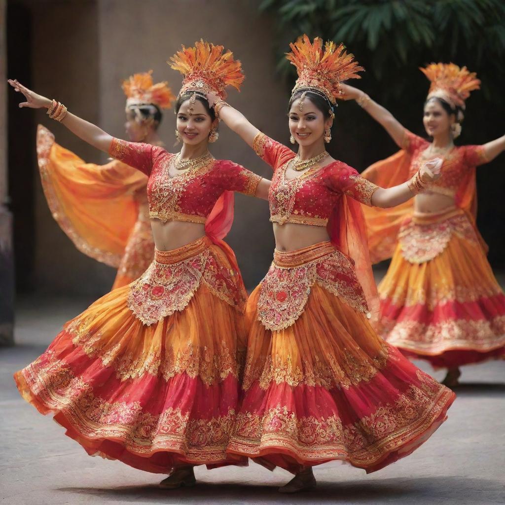 Create an image of dancers in festive costumes. Their outfits should be vibrant and elaborate, reflecting different cultures' interpretations of festive wear. The dancers are mid-movement in a joyful dance, the energy infectious and uplifting.