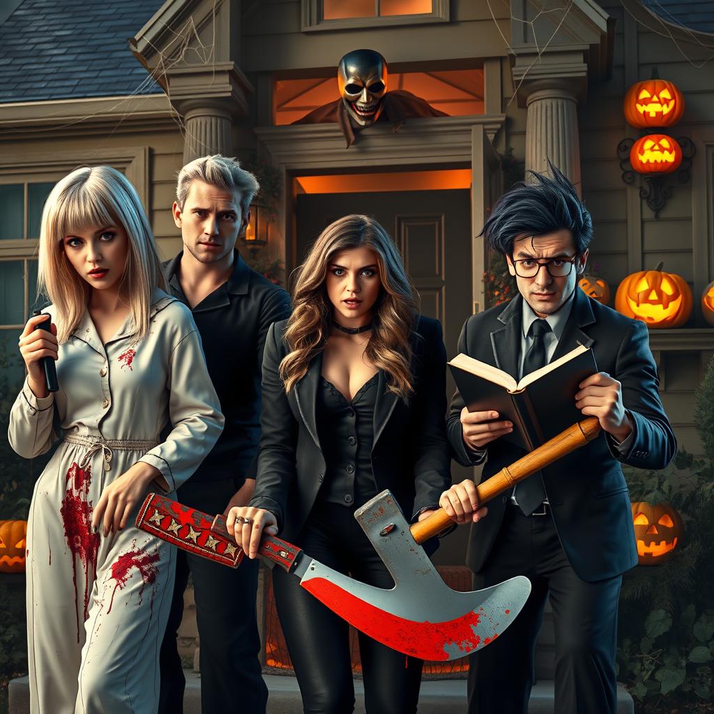 A super realistic Halloween scene featuring a blonde woman with a Chanel-inspired short fringe, wearing a blood-stained pajama and holding a large machete