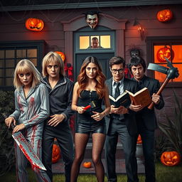 A super realistic Halloween scene featuring a blonde woman with a Chanel-inspired short fringe, wearing a blood-stained pajama and holding a large machete